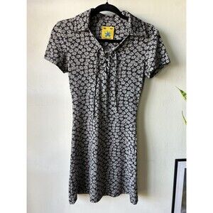UNIF Corin Ditsy Floral Navy Gray Lace Up Collared Mini Dress V-Neck Small